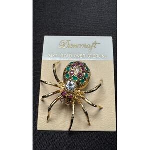 24k Gold Over Sterling Real Rubies & Emerald Danecraft Spider Brooch